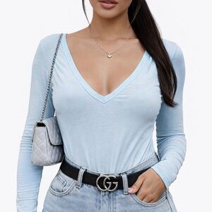 PrettyLittleThing Light Blue V-Neck Bodysuit